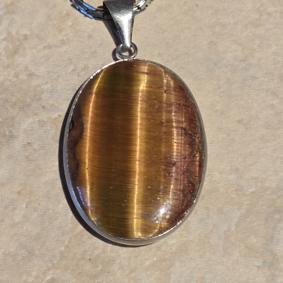 Vintage Sterling Silver necklace,oval shapped tiger's eye gemstone - Picture 7 of 9